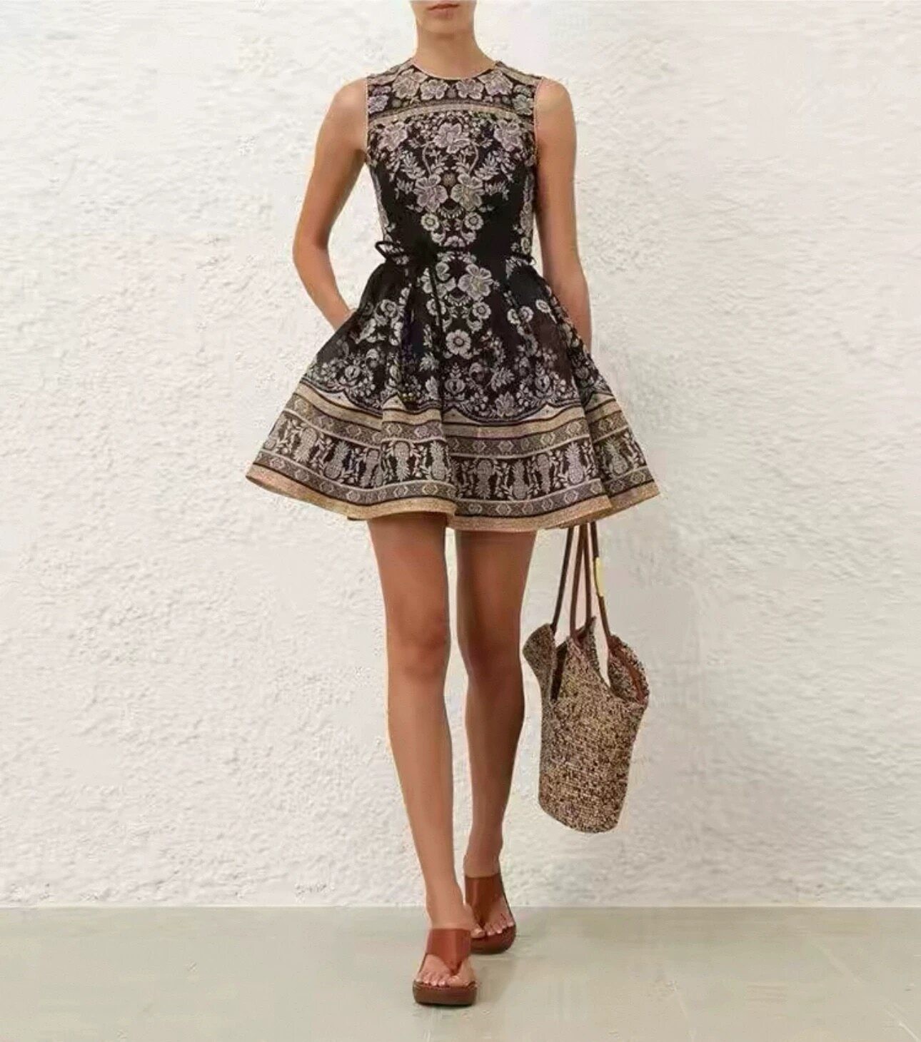 NWT Zimmermann Women’s Black Gold Vintage Floral Crew Neck Puff Mini Dress