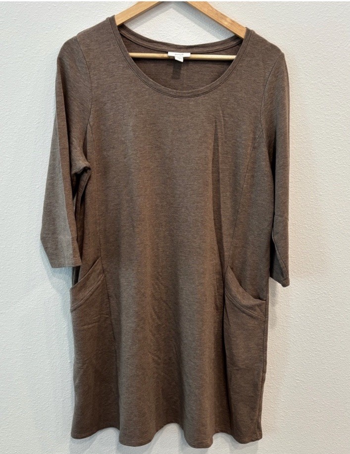 Pure Jill Brown Solid Scoop Neck 3/4 Sleeve Knit T-Shirt Dress Pockets L