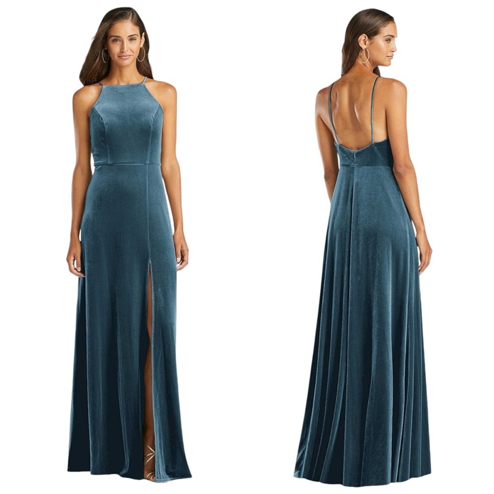 LOVELY Velvet Halter Maxi Gown with Slit in Dutch Blue Size 8