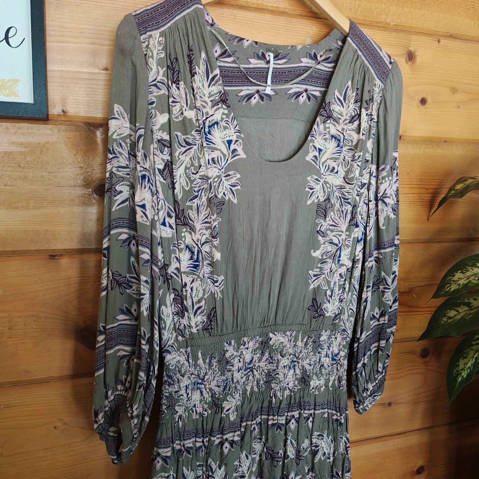 Free People Moonlight Drive Olive Mini Dress Floral Damask Boho Shirred Size XS