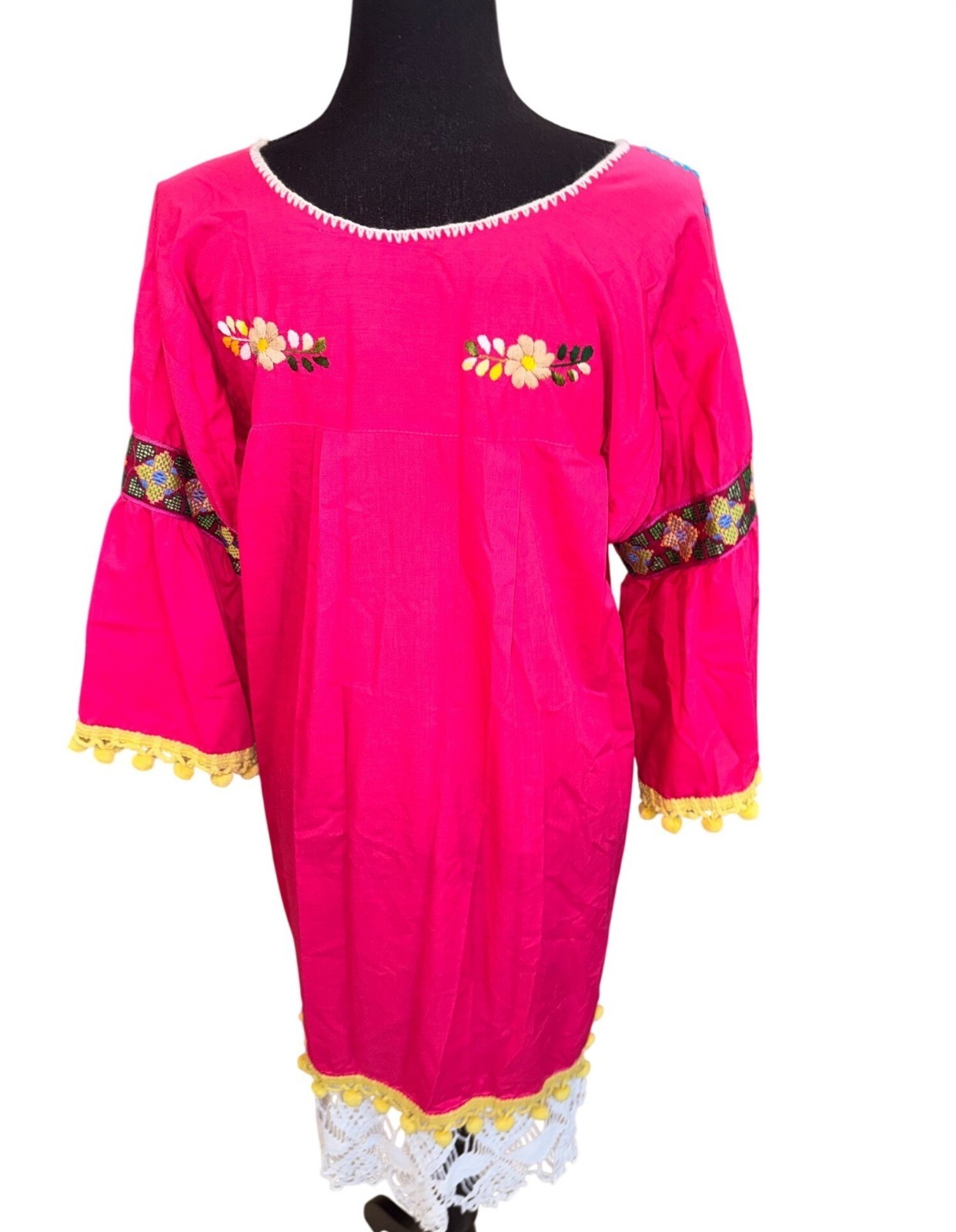 Handmade Fiesta Mexican Embroidered Floral Dress Crochet Hem Bell Slve Hot Pink