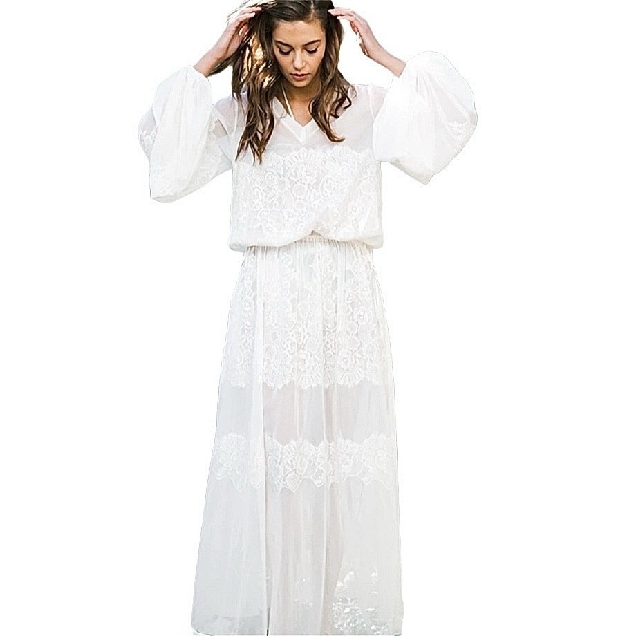 HAH Royal HAHness Eggshell Sheer Lace Maxi Dress XS/S Balloon Sleeve Pockets