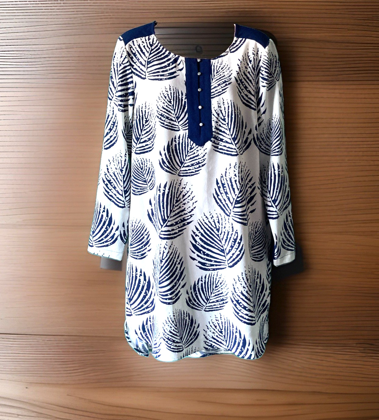 Ladies Fransa Navy Cream Shift Dress Bold Leaf Print Size M 14-16 BNWOT