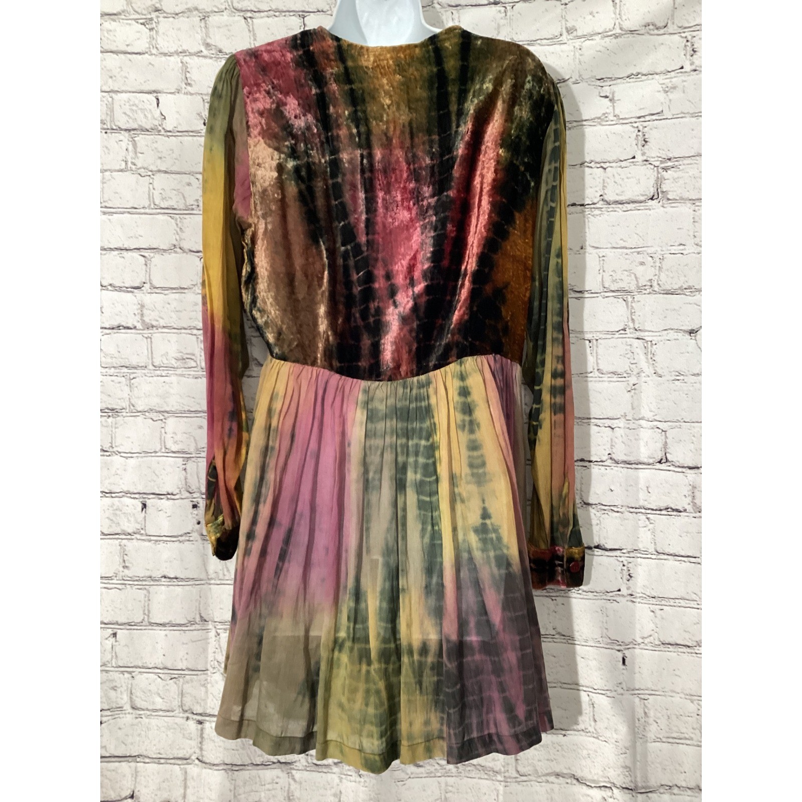 BOOM Tie Dye Embroidered Velvet Boho Mini Dress Mixed Media Button Front Medium