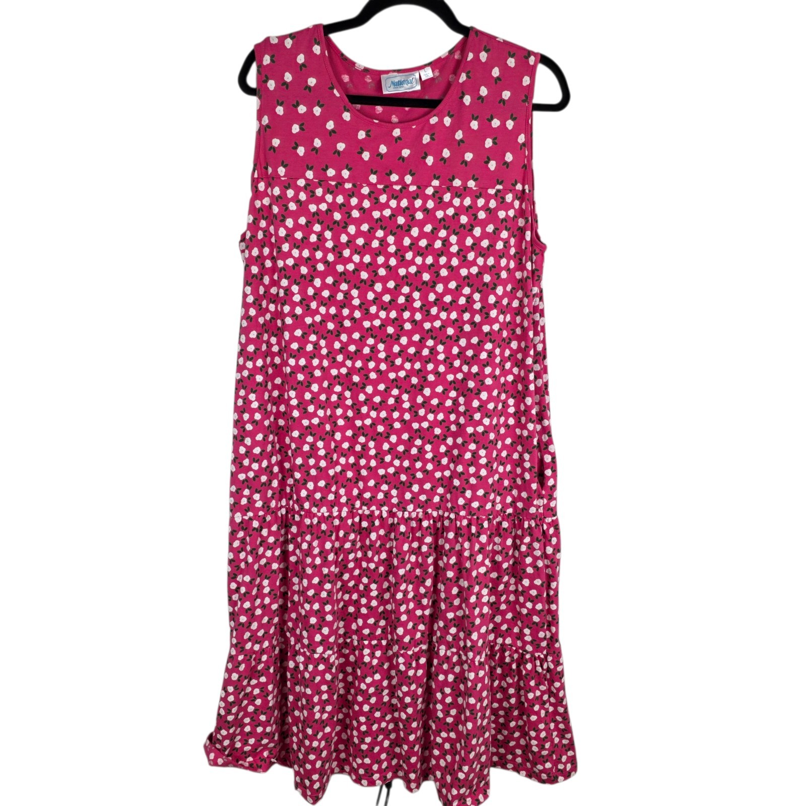 National Ditsy Floral Cotton Dress L Pink Sleeveless Tiered Casual Cottagecore