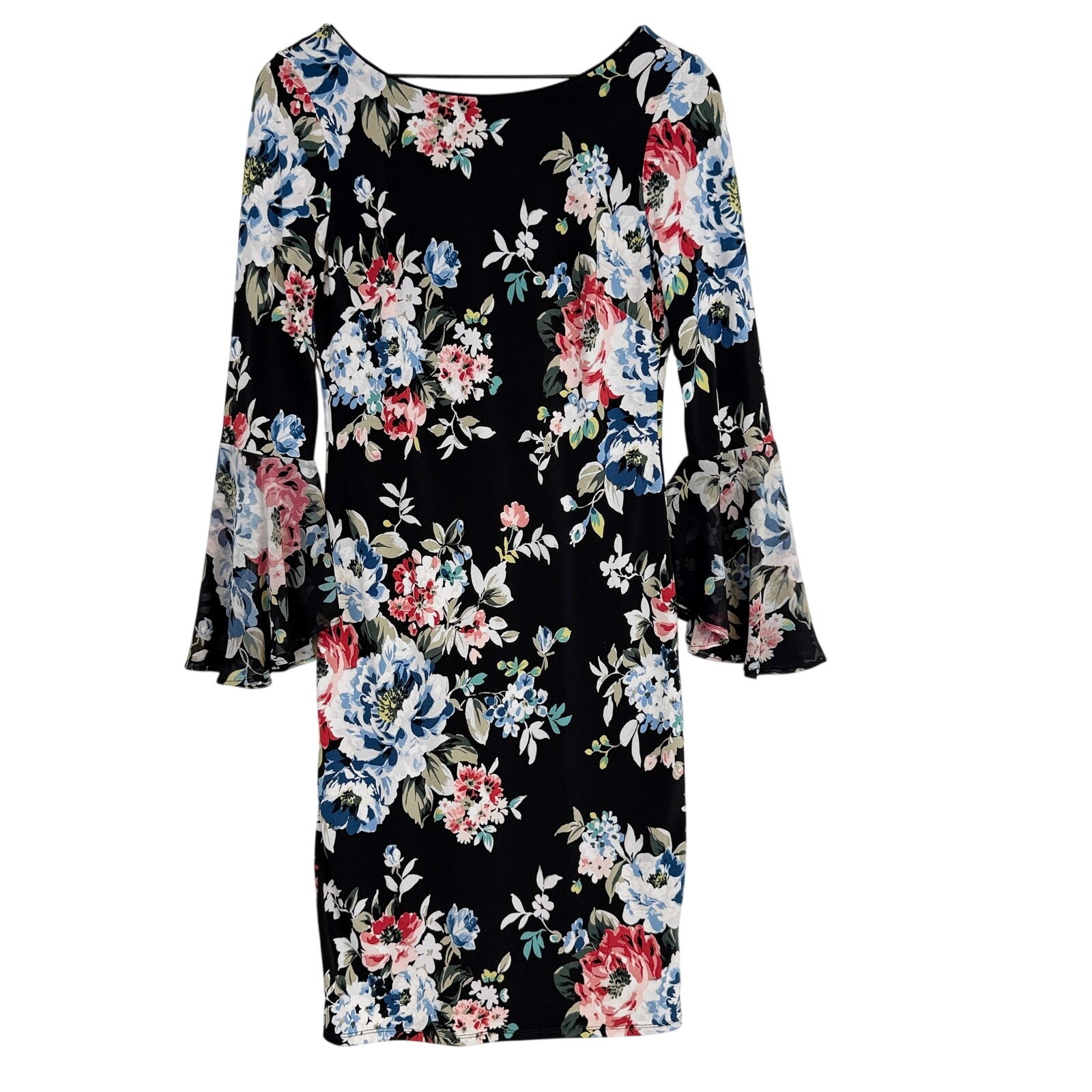 White House Black Market Black Floral Sheath Dress w Flare Sleeves Stretchy – XS