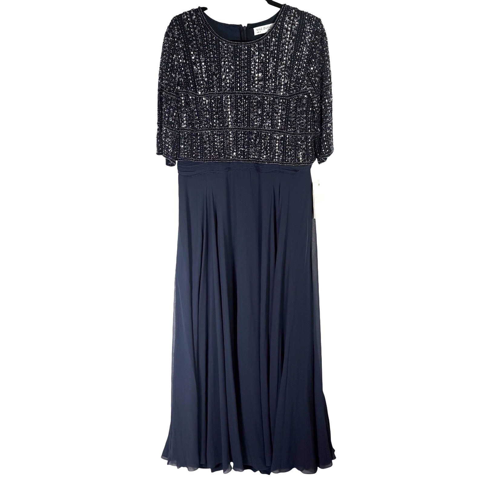 Mac Duggal 9180 Midnight Blue Beaded Sequin Chiffon Gown Dress Womens 12 NWT