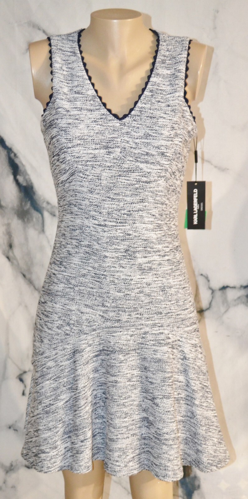 KARL LAGERFELD PARIS NEW NWT Gray Navy Metallic Tweed Sleeveless Dress 4 Lined