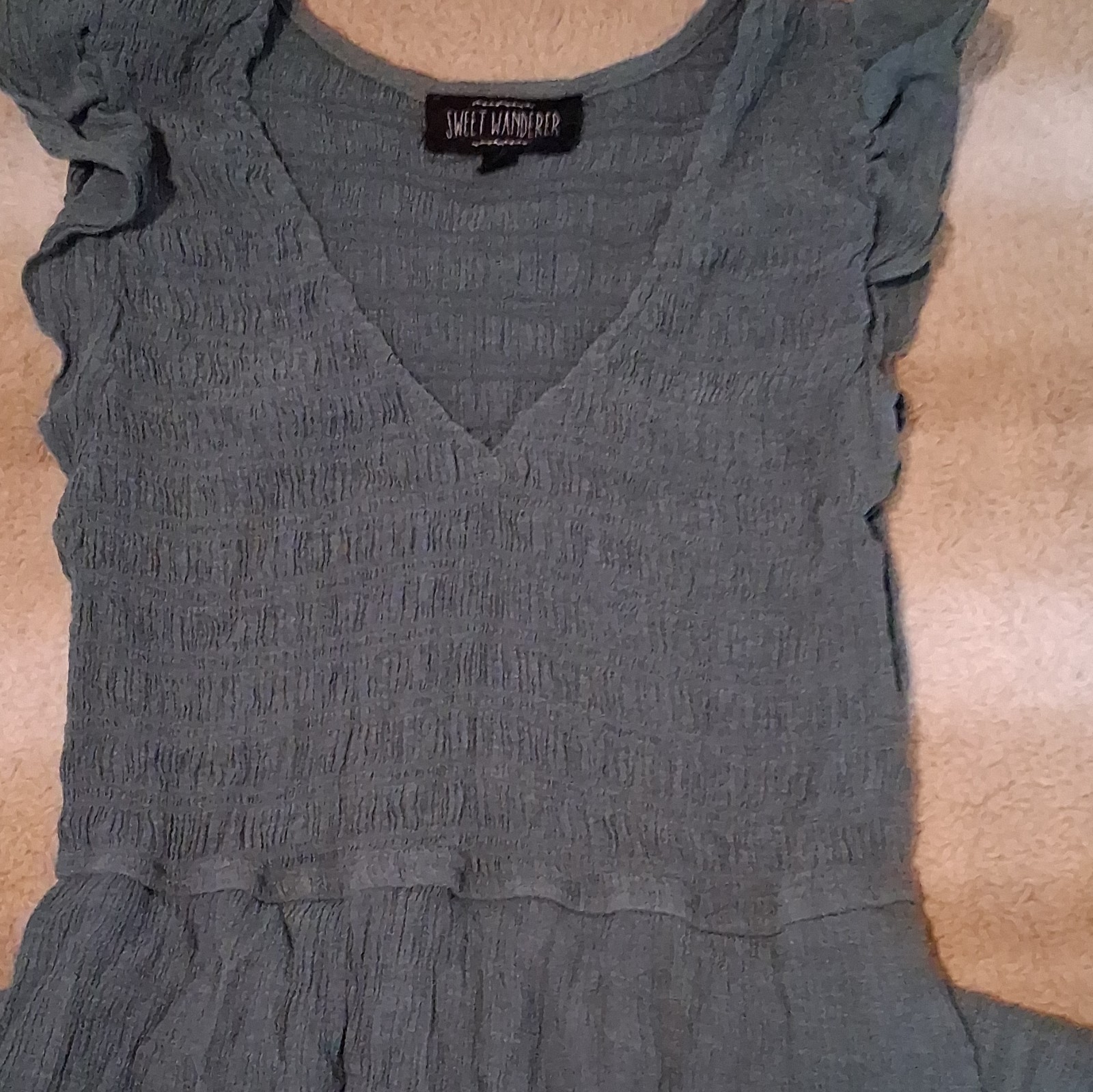 Sweet Wanderer M Blue Knit Maxi Sundress Smocked V-Neck Ruffle Short Sleeve