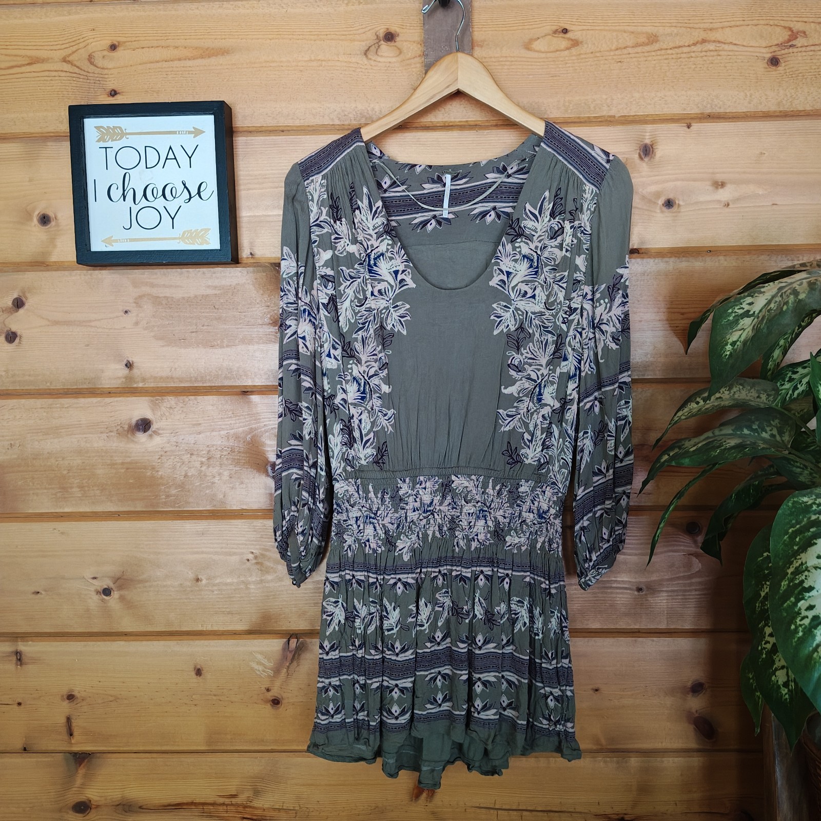 Free People Moonlight Drive Olive Mini Dress Floral Damask Boho Shirred Size XS