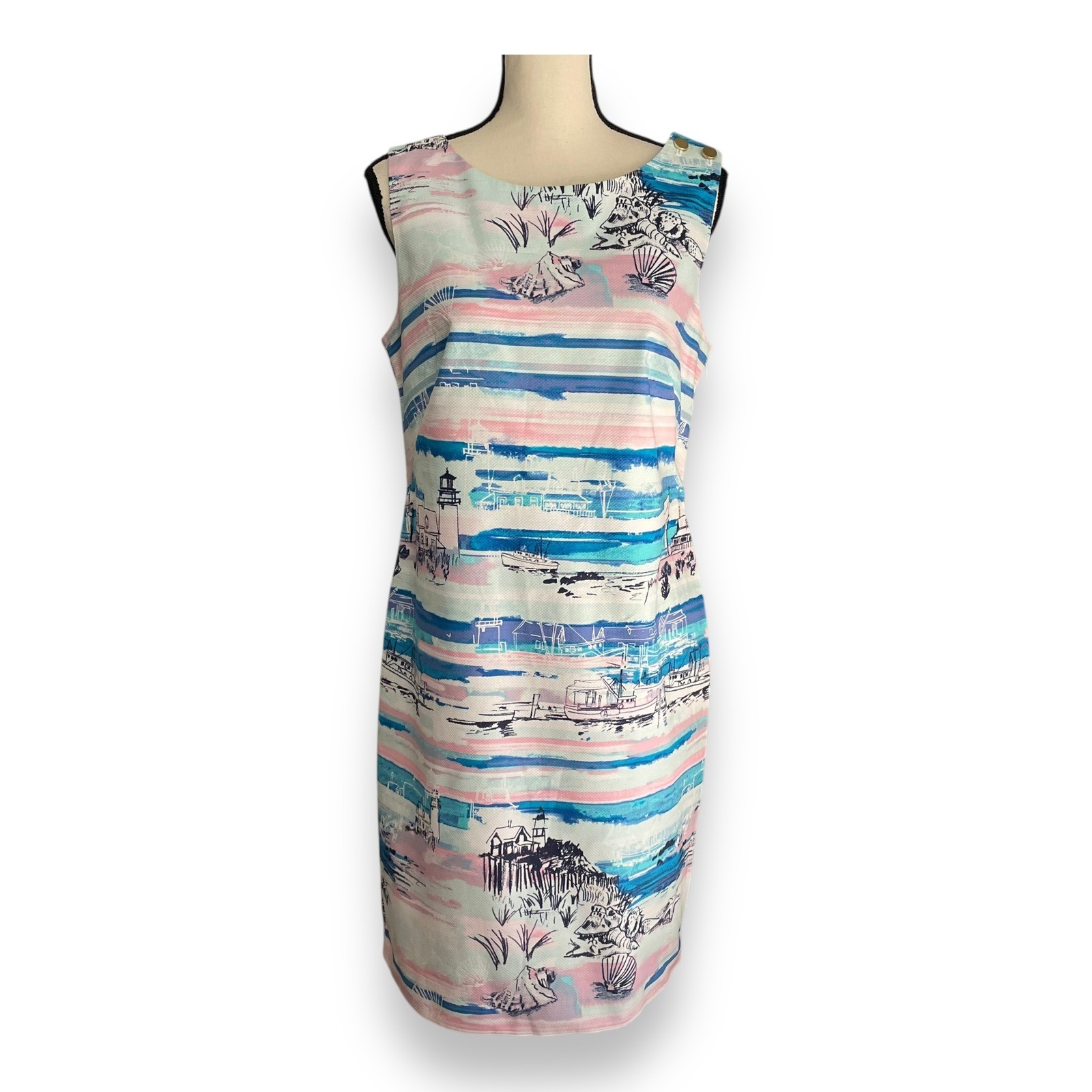 Talbots Size 10 Coastal Nautical Lighthouse Sailboat Shell Shift Dress Pink Blue