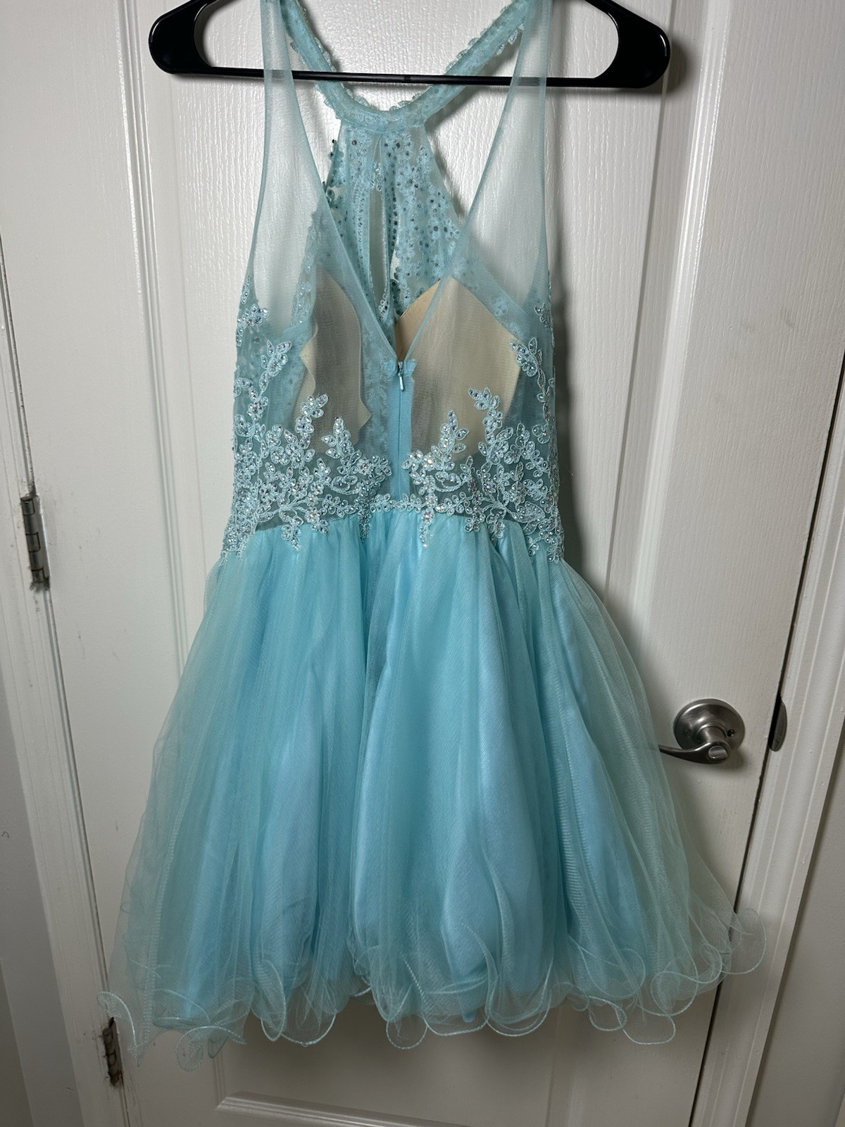 Dancing Queen Aqua Blue Beaded Halter Dress Short XL Prom Homecoming Formal
