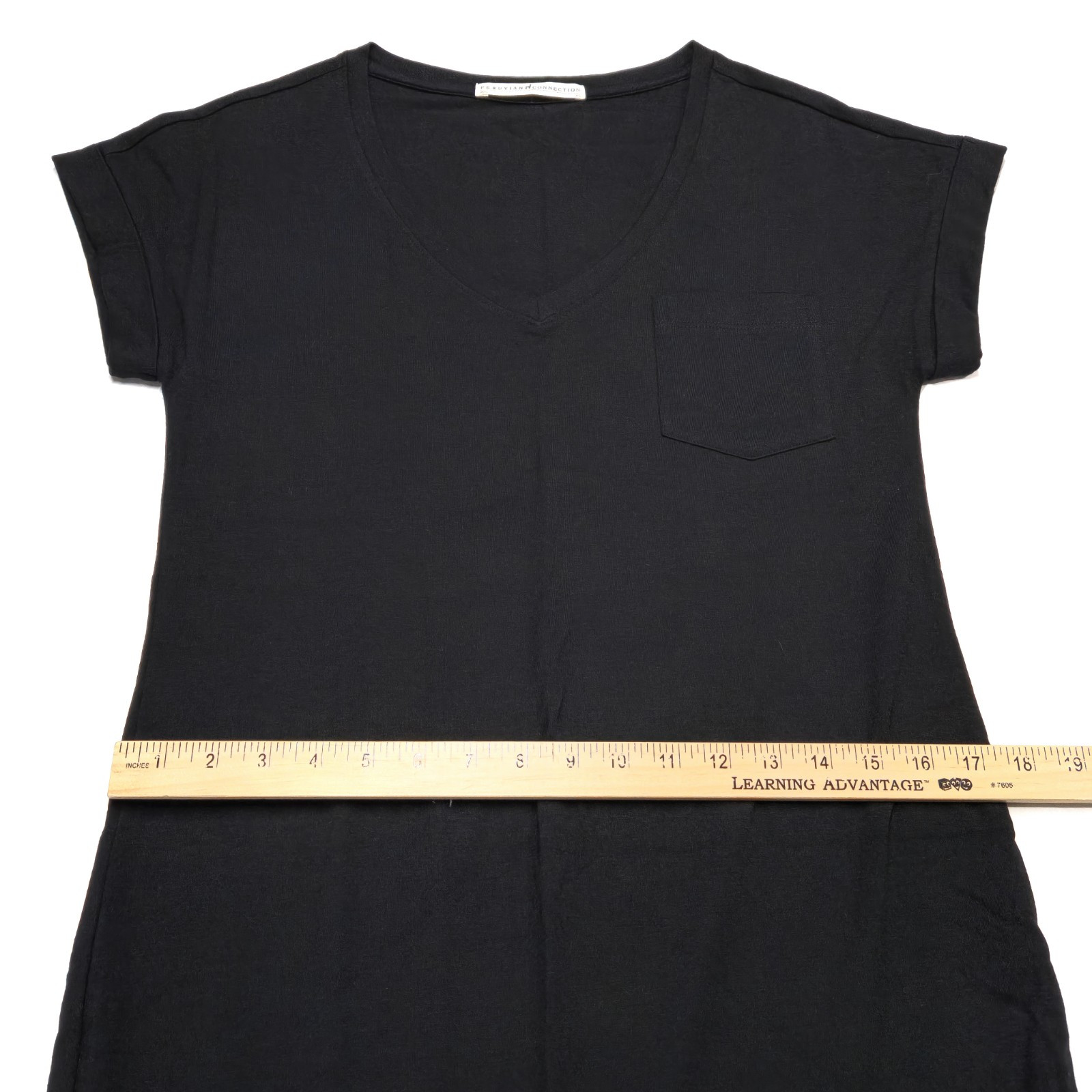 Peruvian Connection V-neck midi dress Pima chest pocket and a side slit Black