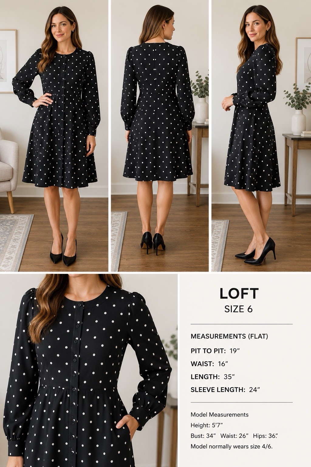 LOFT Black & White Polka Dot Button Front Dress Size 6