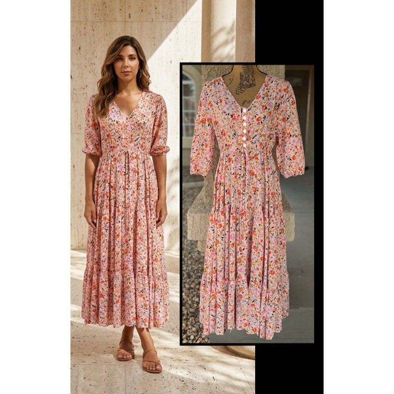 Petal & Pup Floral Button Front Drawstring Waist Tiered Kelda Midi Dress Size L