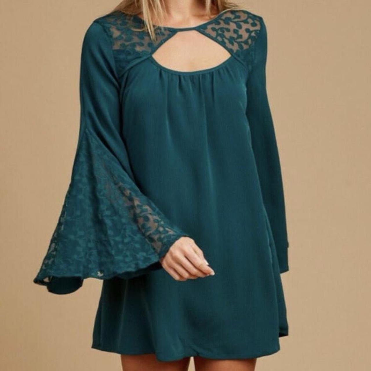 Altar’d State Teal Chiffon Shift Dress Bell Sleeve Lace Cut Out Tie Back S