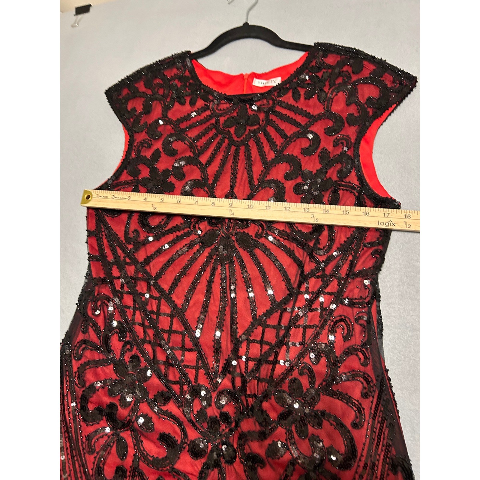 SWEETV Red Black Sequin Flapper Dress Gatsby Art Deco Fringe Cocktail Dress