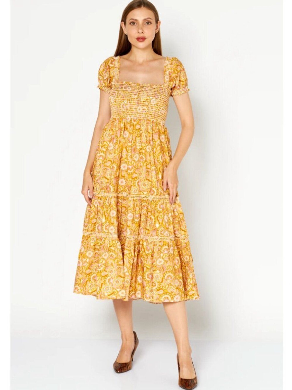OPT Daphne Dress Smocked Midi Dress size Small Bohemian Prairie Summer Spring