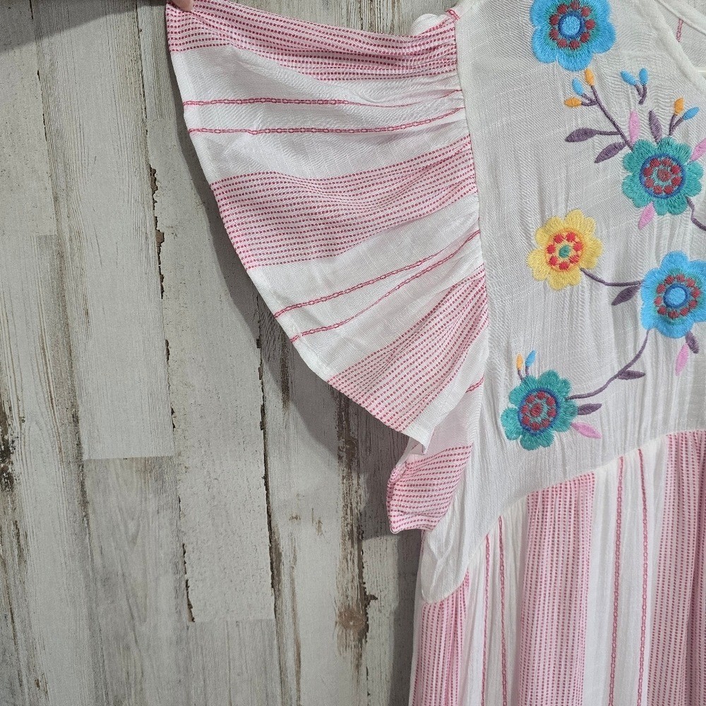 Perch By Blu Pepper White Pink Striped Embroidered Babydoll Dress Plus Size 2XL