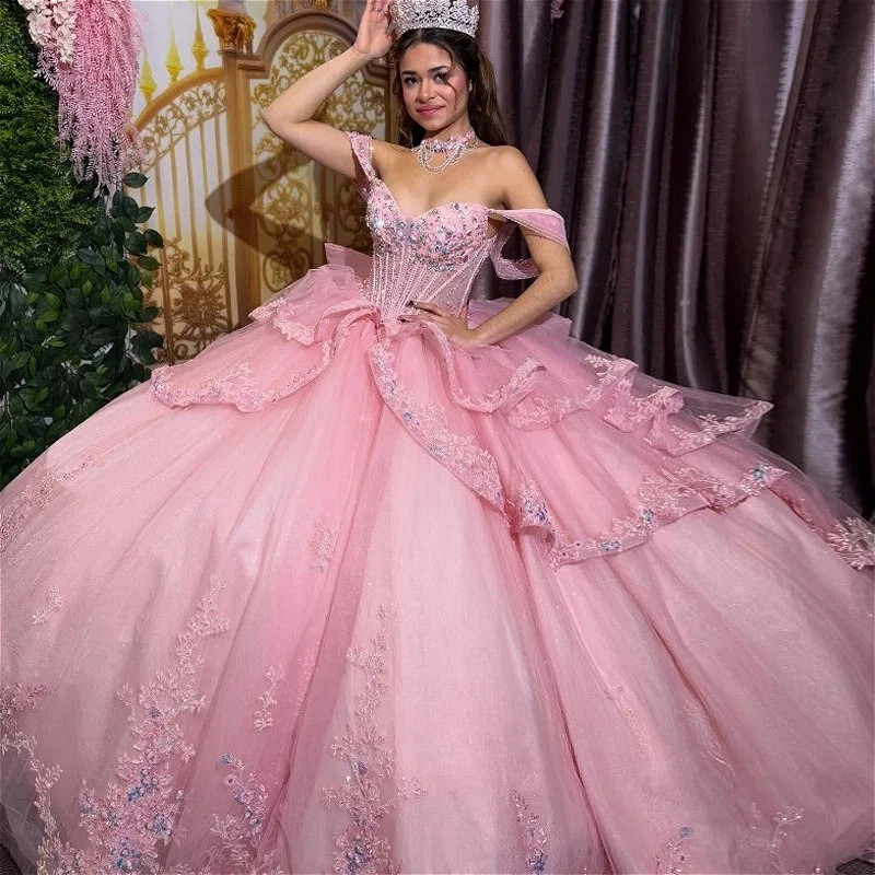Pink Princess Quinceanera Dresses Off Shoulder Lace Applique Ball Gowns Sweet 16