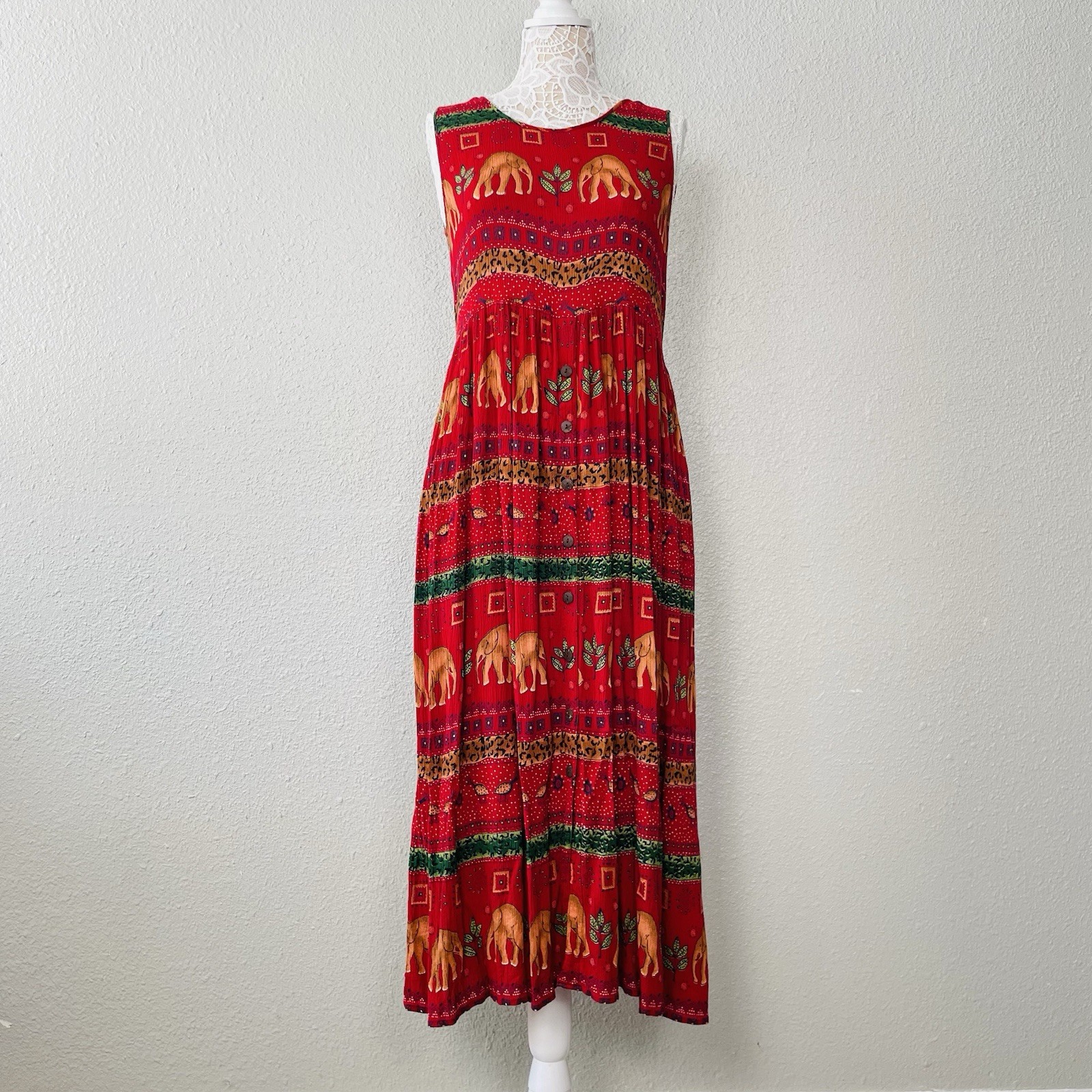 Bila Boho Maxi Shirt Dress Rayon Red Elephant Print Gypsy Ethnic Safari Large