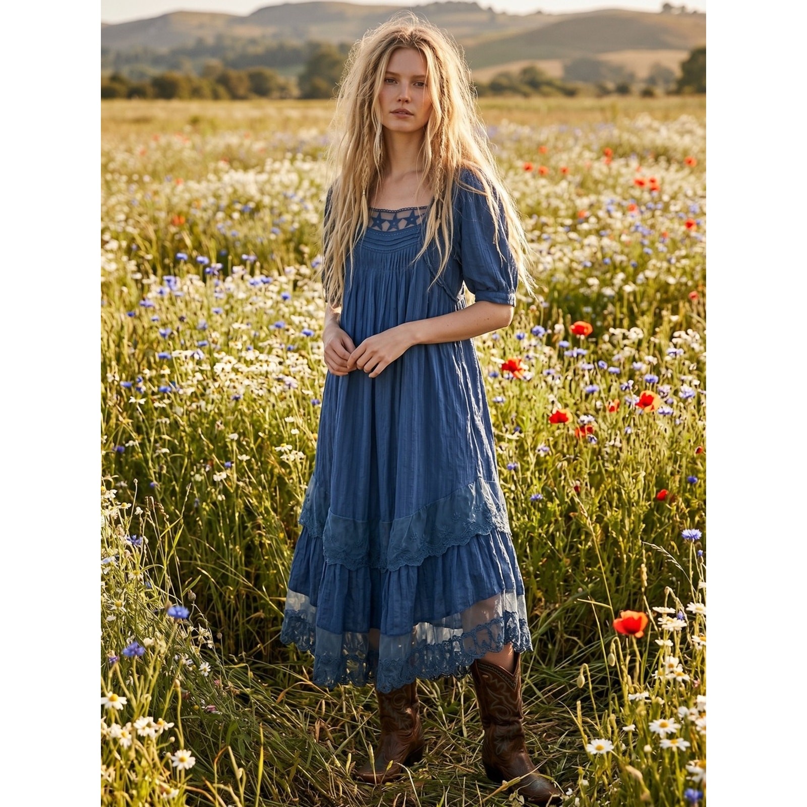 Free People Bohemian Cottage Americana Star Lace Calder Midi Dress Large