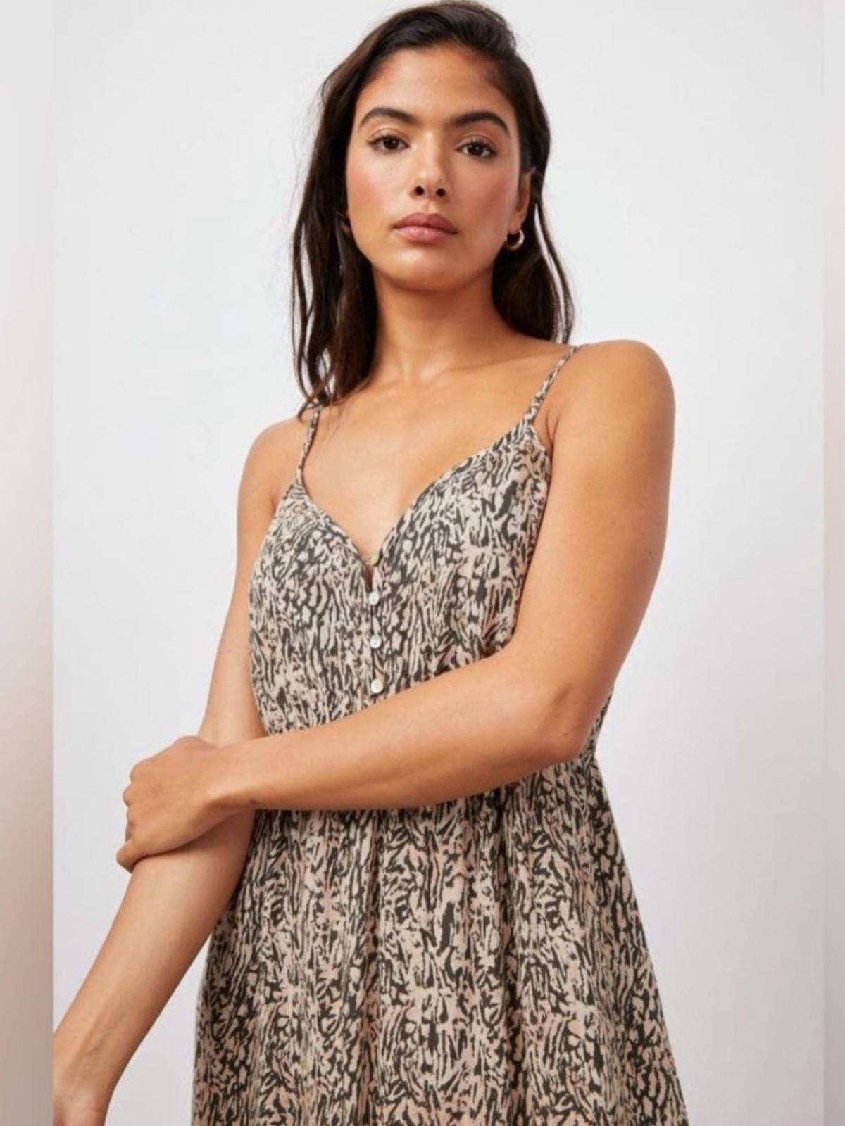 Rails Delilah Linen Boho Tiered Strappy Midi Dress Summer Cheetah Sand Tan