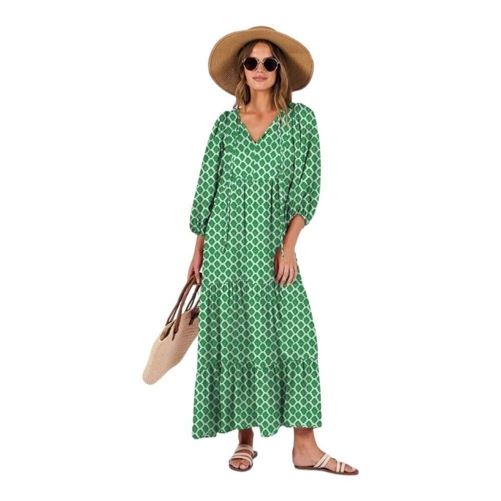 ANRABESS Green Floral Print Maxi Dress V Neck 3/4 Sleeve Tiered Medium