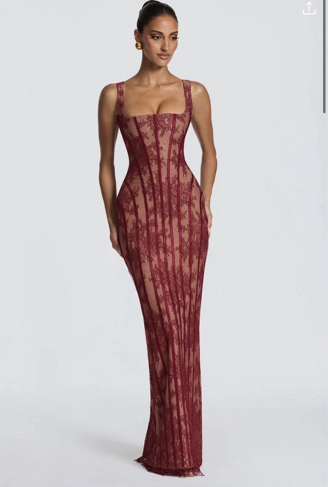 BABYBOO Lace Corset Lace-Up Maxi Dress S Burgundy/Beige Square Neck