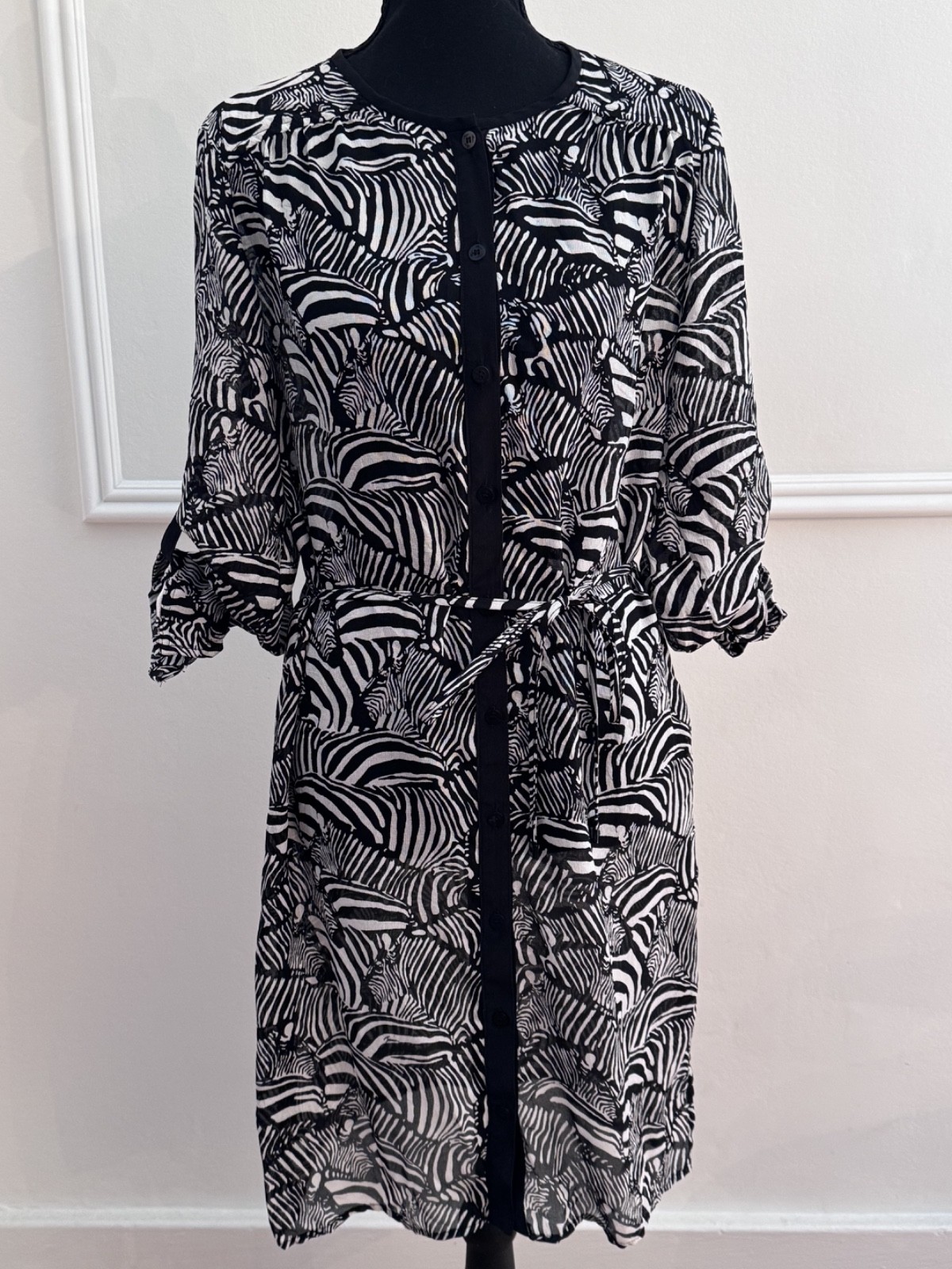 Trina Turk Size 6 Black White Zebra Print 100% Linen Midi Dress Belt Made USA