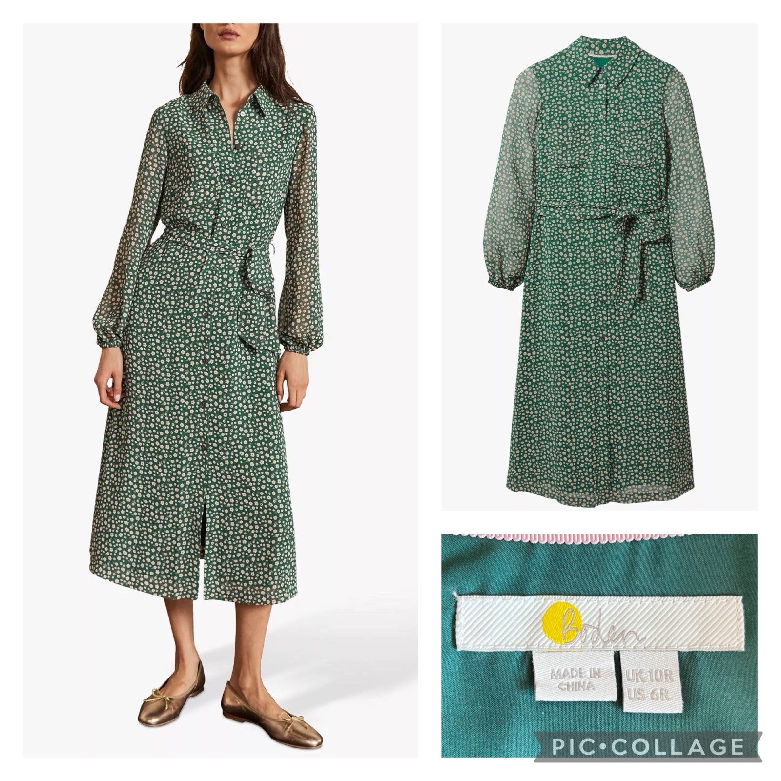 BODEN Abigail Shirt Dress – Size UK12R US8R Green Palm Leaf Floral Midi Pockets