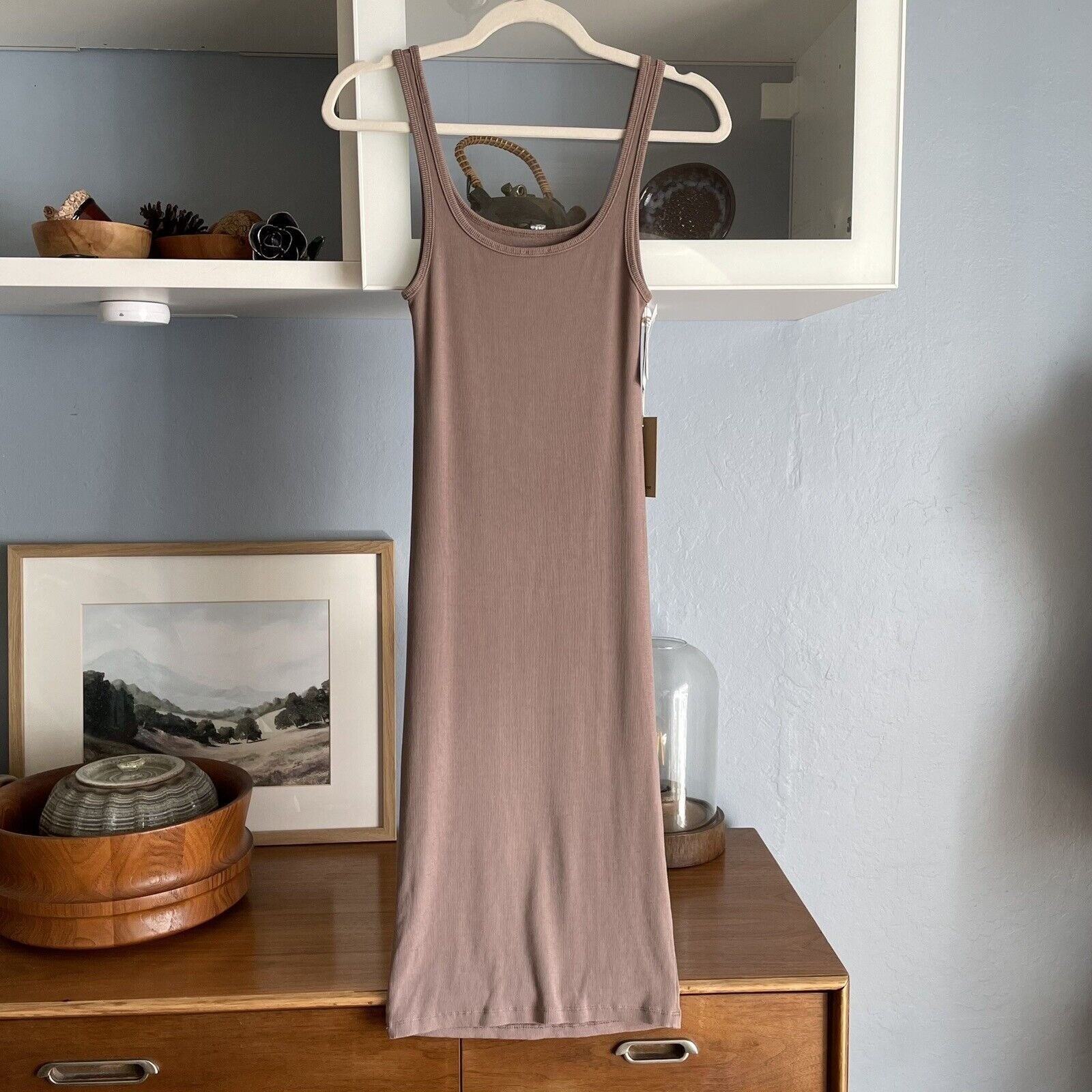 Wilfred Free Aritzia Murdock Midi Dress XS Ribbed Knit Taupe Sleeveless Bodycon