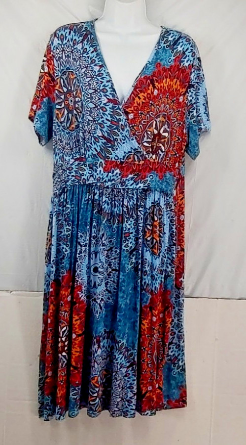 Lilbetter Faux Wrap Dress 2XL Blue Floral Midi V Neck Stretch Pockets Boho Rayon