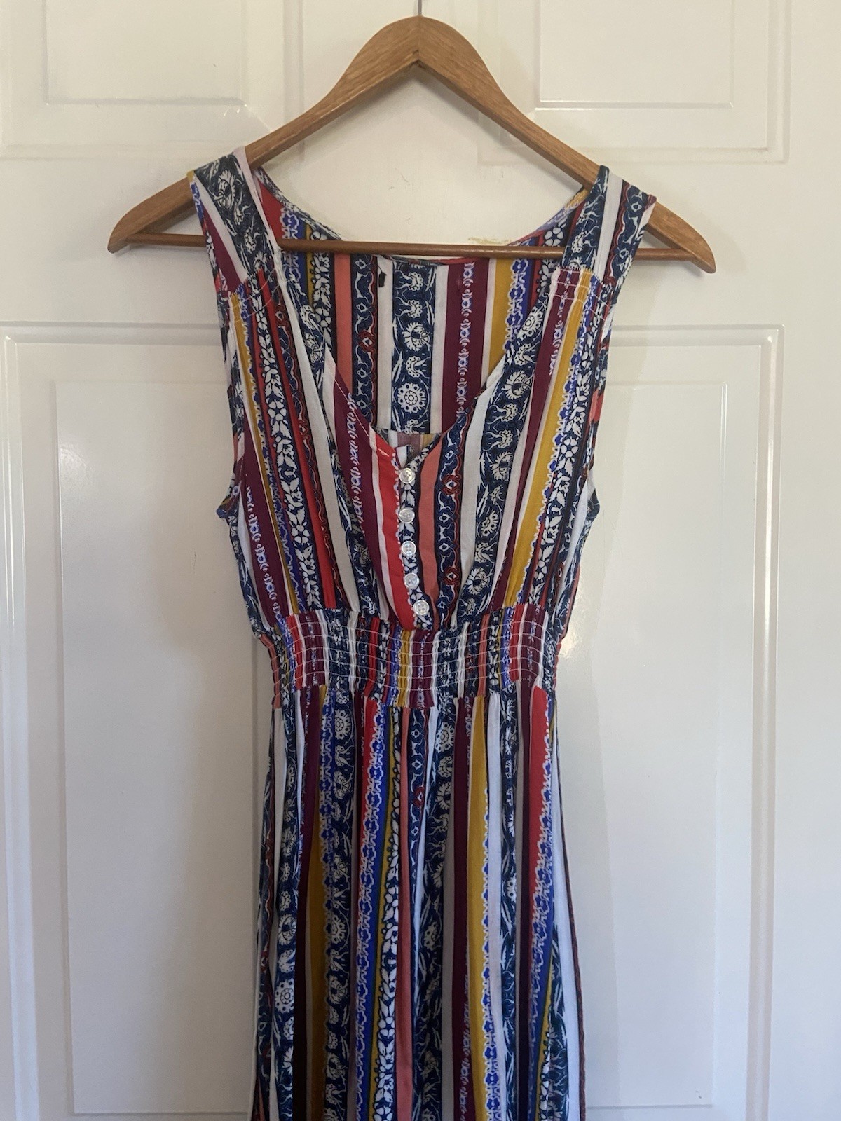Patriotic Americana Maxi Dress XS Red White Blue Stripe Boho Festival Smocked