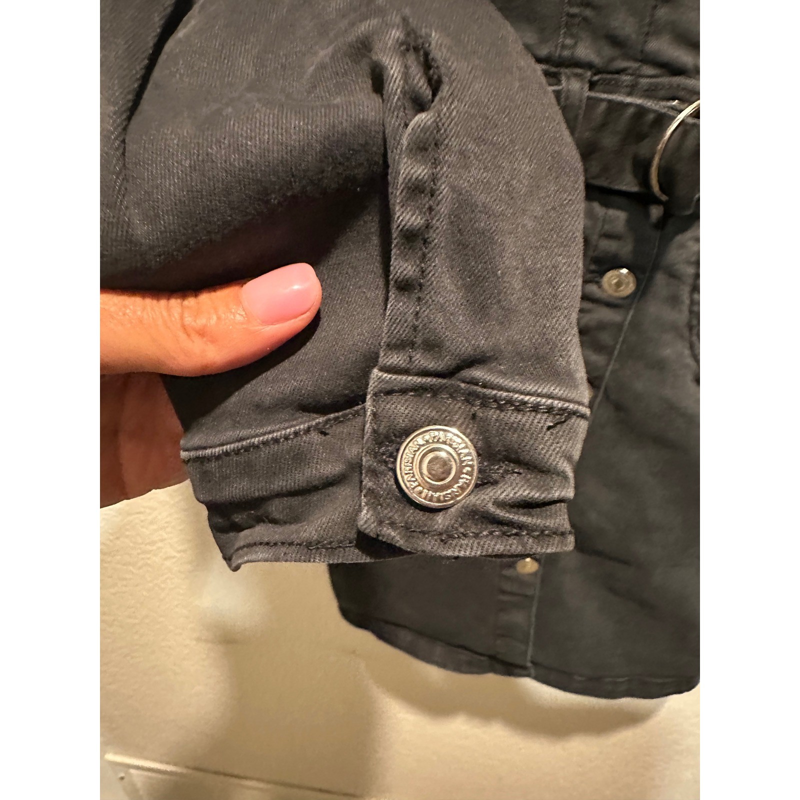Parisian Black Denim Mini Dress Long Sleeve Button Front Belted Puff Shoulder 4