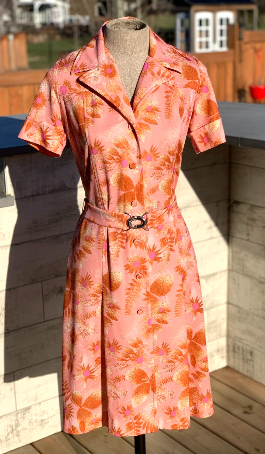 Vintage 60s 70s Shirt Dress S Orange Floral Belted Button Down Collar Union Made