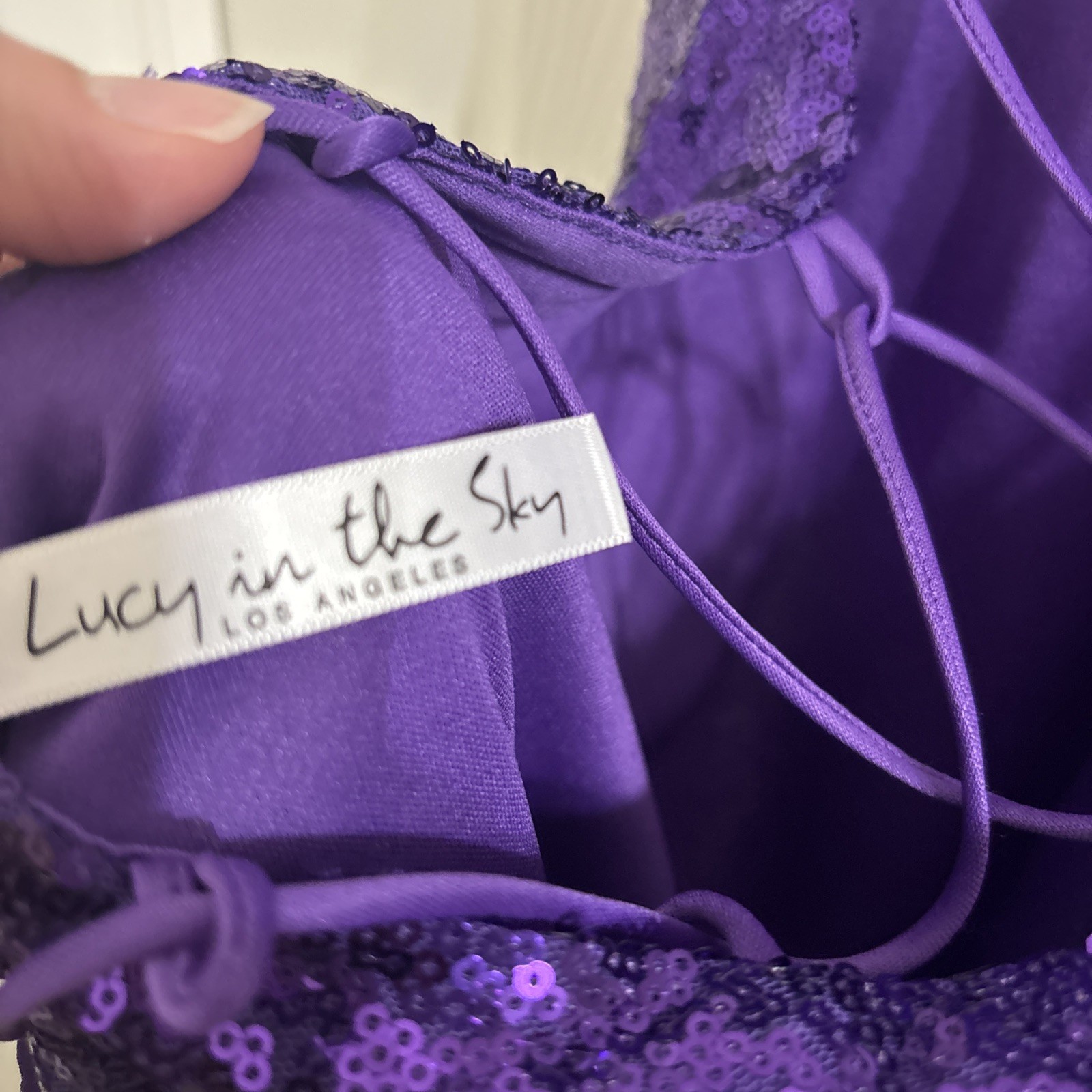 Lucy In The Sky Purple Sequin Spaghetti Strap Lace Up Back Medium Mini Dress