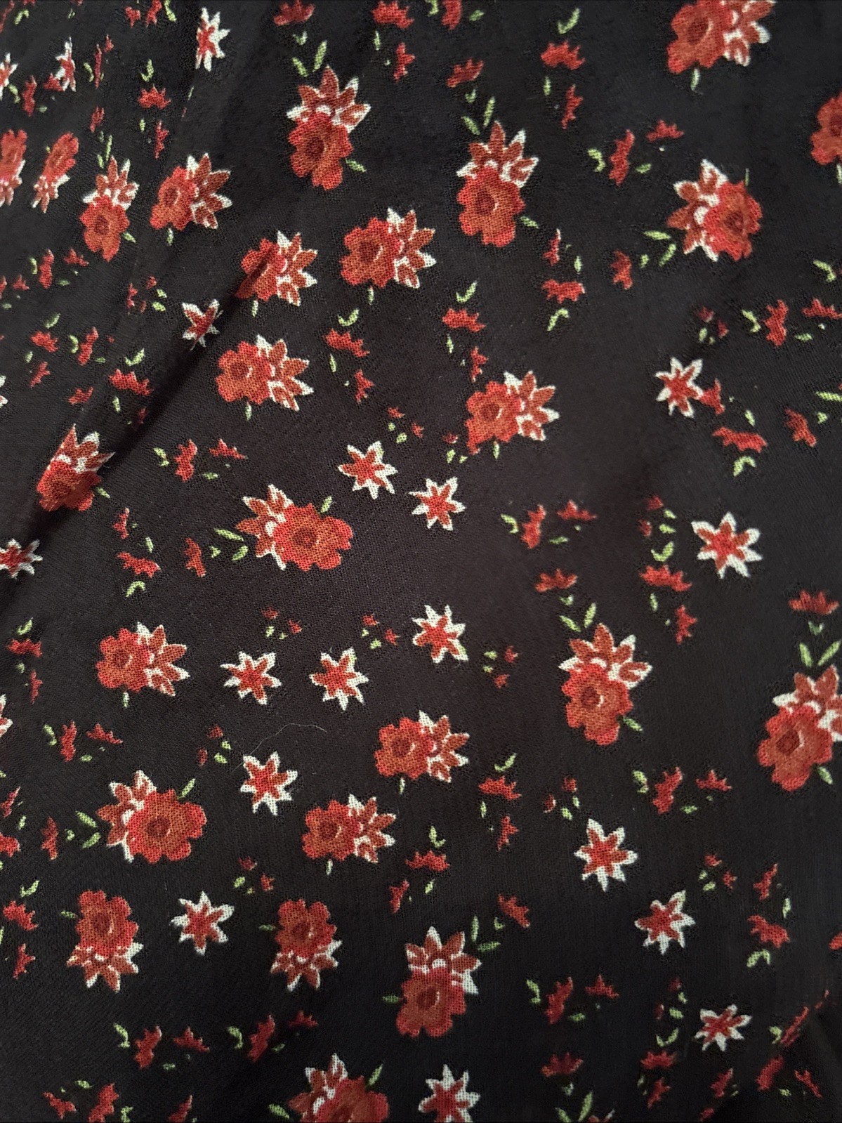 Black With Red Floral Pattern And Lace Trim Midi Dress