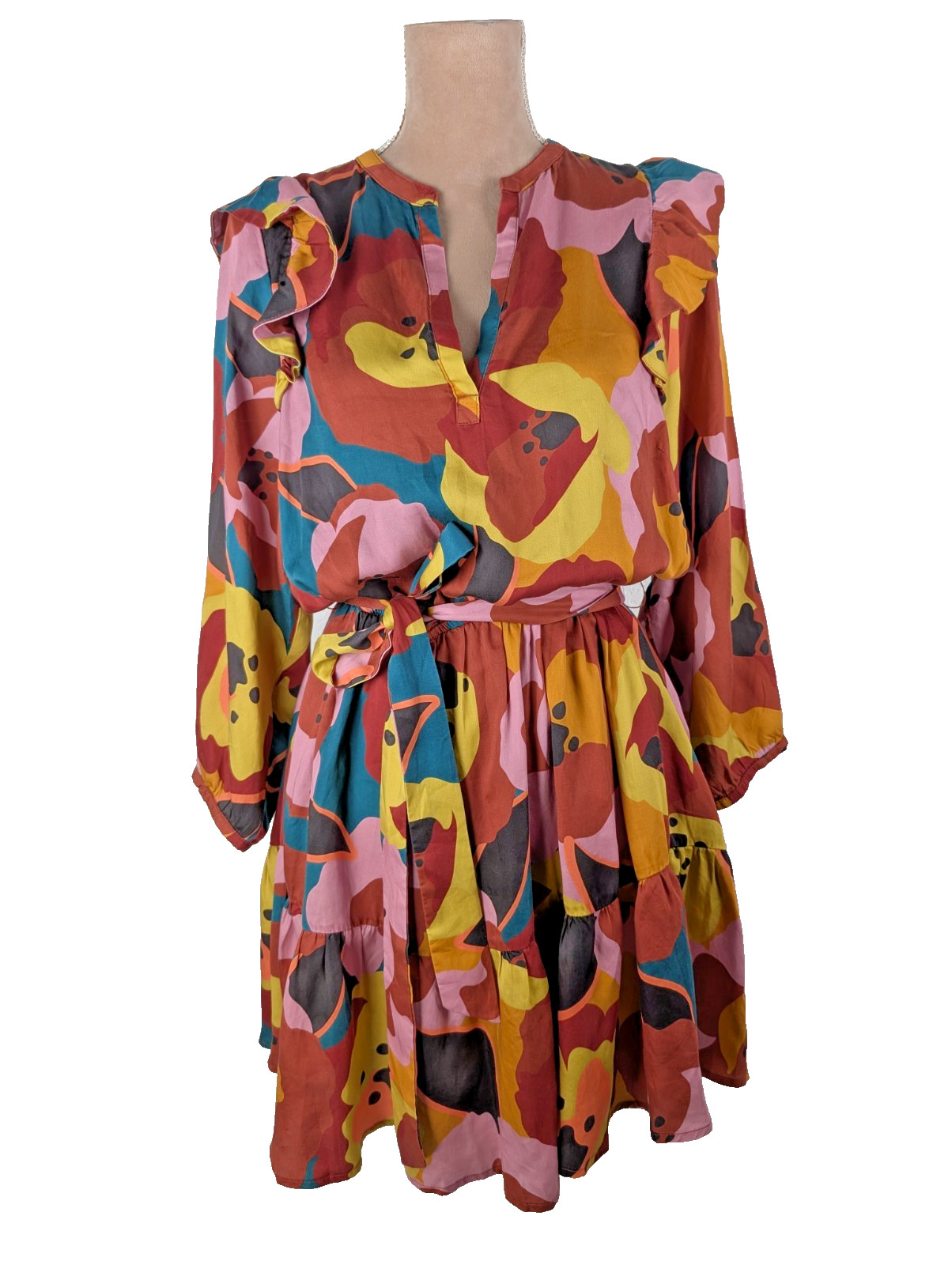 Marine Layer Elise Exploded Floral Mini Dress Tiered Ruffle Sz L Colorful Art