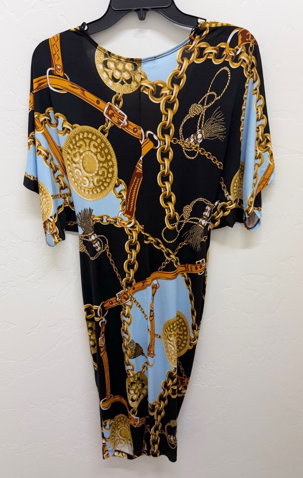 Lovely Day Chain Print Knot Front Midi Empire Dress Low Cut V-neck w/Slit Sz M