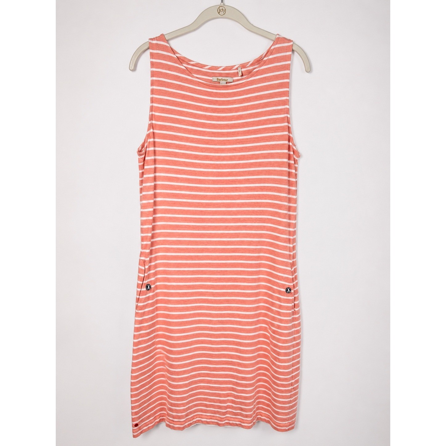 Barbour Dalmore Dress Womens 10 Coral Pink White Striped Sleeveless Knit Pockets