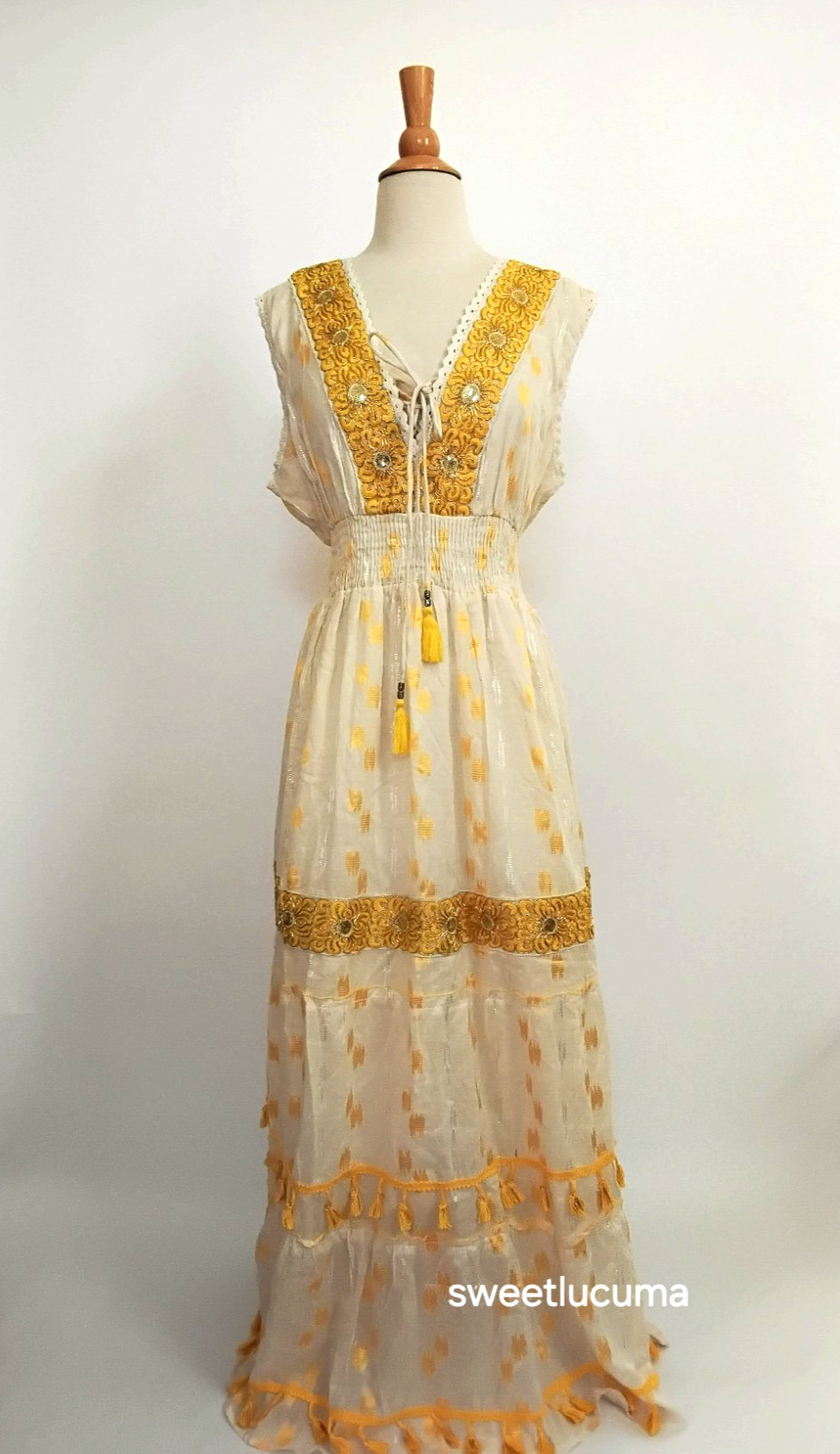 NWT Me 2 Magic Anthropologie Maxi Dress 1X Cream Yellow Gold Embroidered Boho