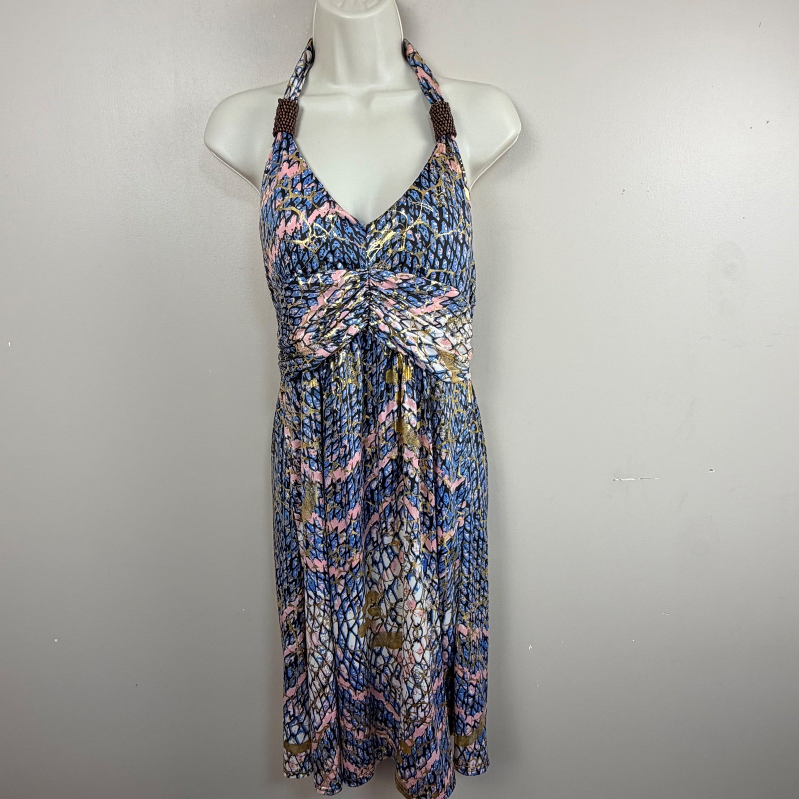 Shoreline Gold Foil Halter Dress Womens New L/XL Snakeskin Beaded Smocked