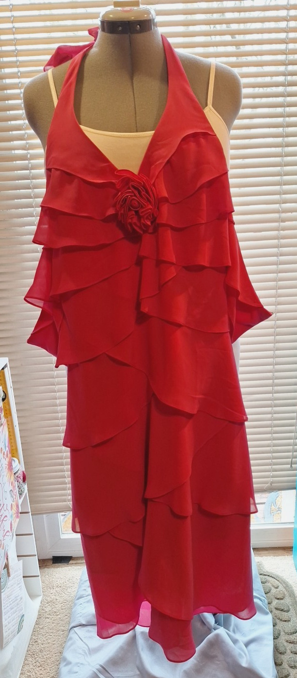 Silk blend Sz S Halter Dress in DEEP ROSE w/flower & layers By ALFREDO-VENINI
