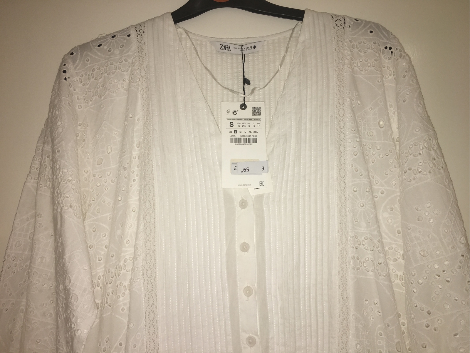 ZARA OYSTER WHITE MIDI EMBROIDERED DRESS V NECK With Long Sleeves Size S BNWT