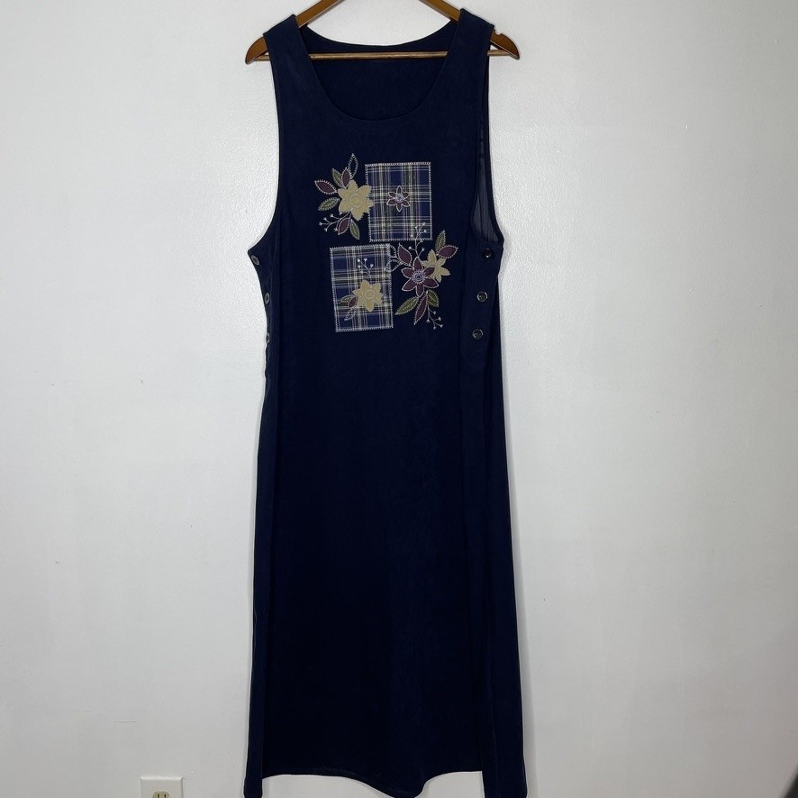 Amanda Smith Dress Womens Large Blue Sleeveless 90′ Floral Plaid Buttons