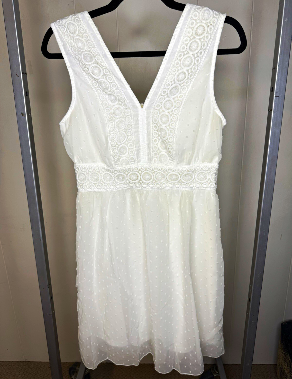 Kings Road White Swiss Dot Dress with Crochet Waist & Neckline Trim