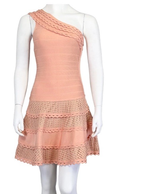 Forever Unique Peach One Shoulder Bodycon Mini Dress Crochet Ruffle Party 2