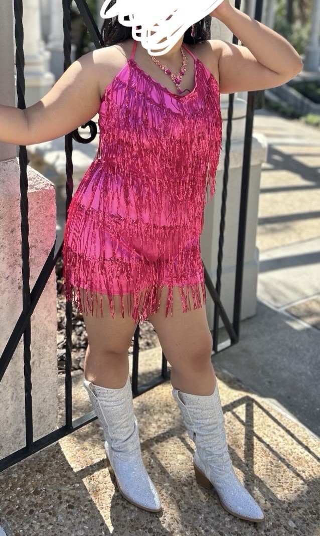 Hot Pink Fringe Jumpsuit women’s L and white bedazzled boots size 7.5