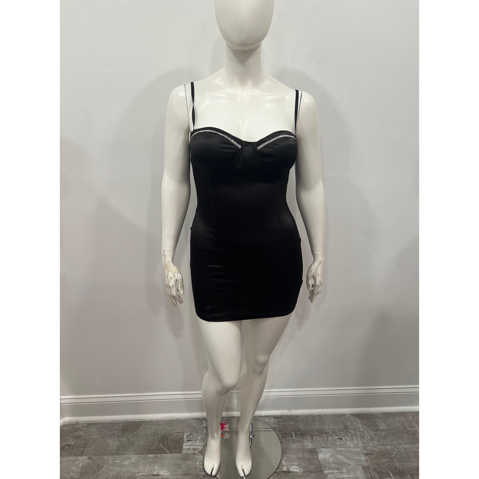 Windsor Dress Womens Large Black Excellent Satin Rhinestone Bustier Bodycon Mini
